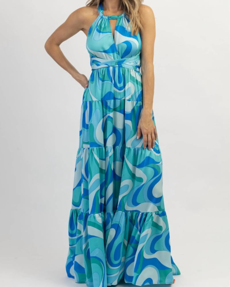 Front of a model wearing a size L Paradiso Halter Maxi Dress In Multiblue in Multiblue by Aakaa. | dia_product_style_image_id:342363